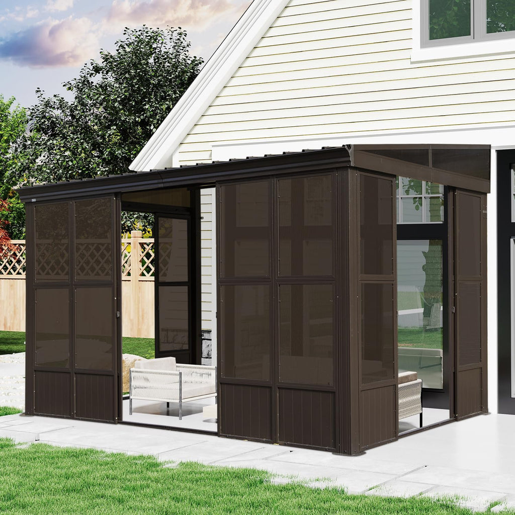 Domi 10x12FT Wall Mounted Sunroom 4 Season, Small Patio Solarium with 3 Sliding Double Doors, Enclosed Lean-to Hardtop Gazebo with Side Walls, Sun Room with Galvanized Steel Roof, Detachable PC Screen