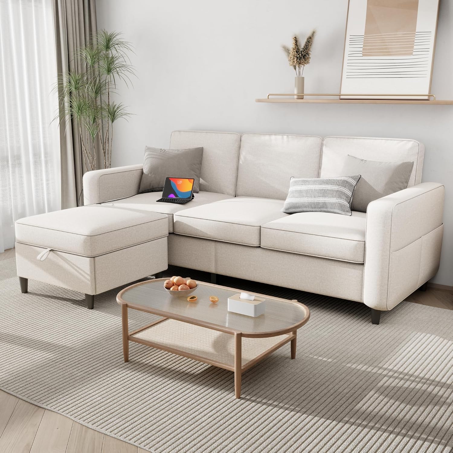 Youmumeub Sectional Couches for Living Room - Convertible Sofa and Storage Bench,79''Modern Corner Configuration,Suitable for Living Room, Apartment, Bedroom and Office-Beige | Reversible Chaise, Washable Covers
