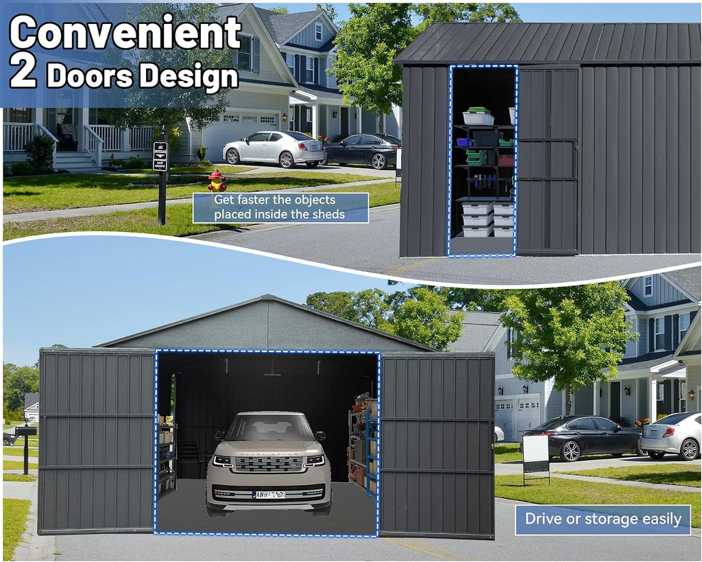 12x15FT Metal Carport, Heavy Duty Metal Garage with 2 Lockable Doors, Metal Steel Storage Shed, Metal Shed, Car Garage, Outdoor Large Garage for RV, Truck & Lawnmower -Dark Grey