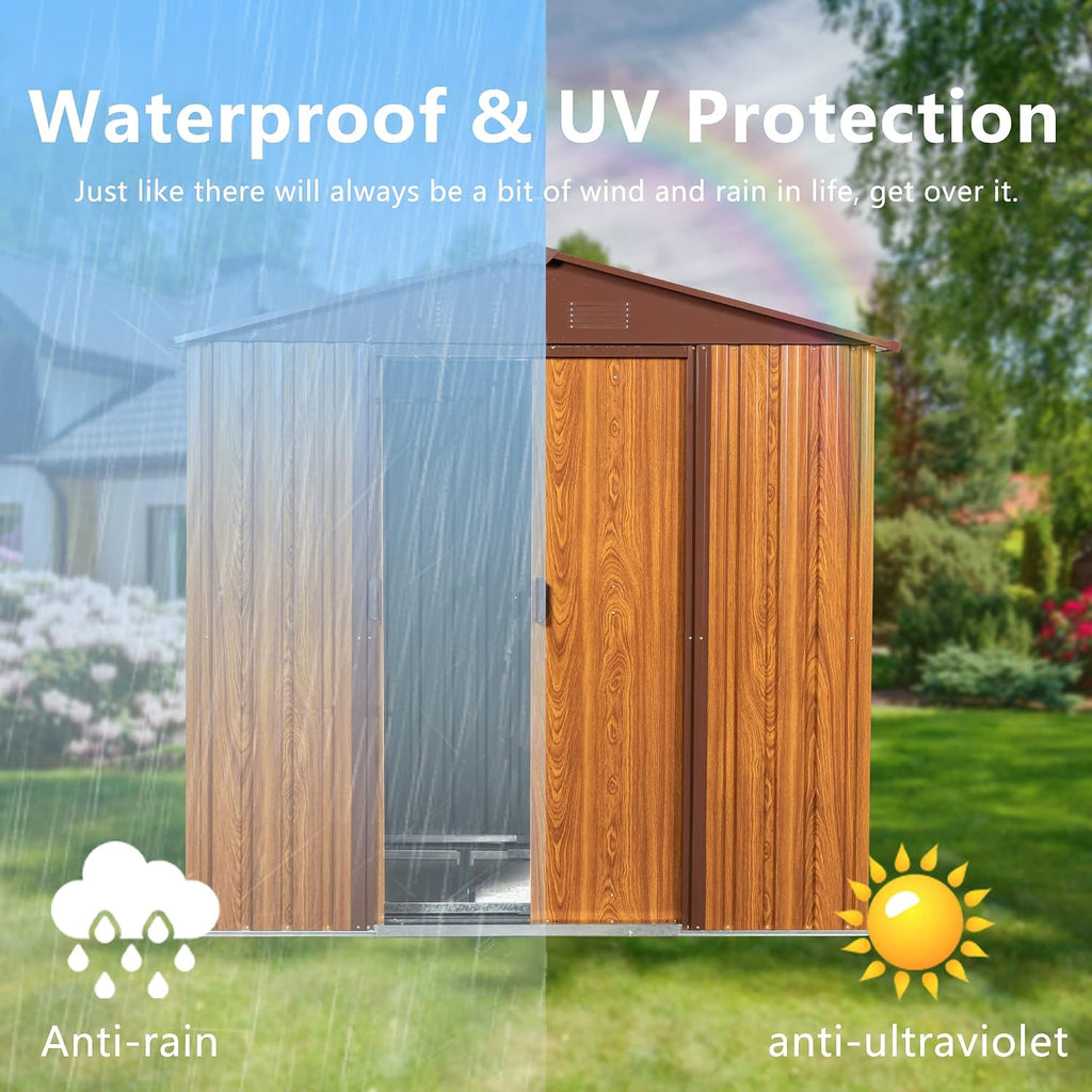 YOPTO 6×6 FT Outdoor Metal Storage Shed,Heavy Duty Storage House W/Integrated Punched Vents,Sliding Doors&Padlock,Horizontal Siding in Woodgrain Tool Sheds for Garden Backyard Lawn Patio,Yellow Brown