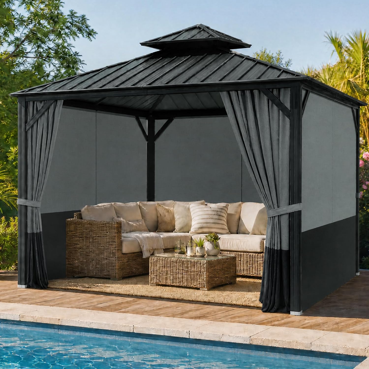 Gazebo Privacy Curtains 10' x 10' with Zipper 4-Panels Side Wall Universal Replacement for Patio, Outdoor Canopy, Garden and Backyard Gray and Black (Curtain Only)