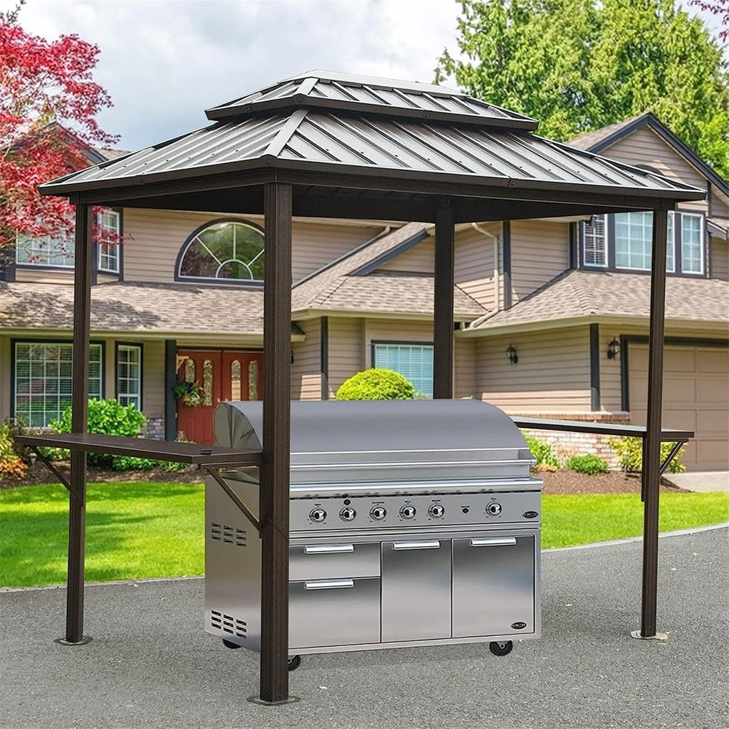 8'X6' Grill Gazebo Hardtop, Steel Grill Gazebo with Two Shelves Serving Tables, Permanent Double Roof Hard Top Gazebo, Heavy Duty Aluminum BBQ Gazebo for Patio, Deck, Backyard and Garden (Brown)