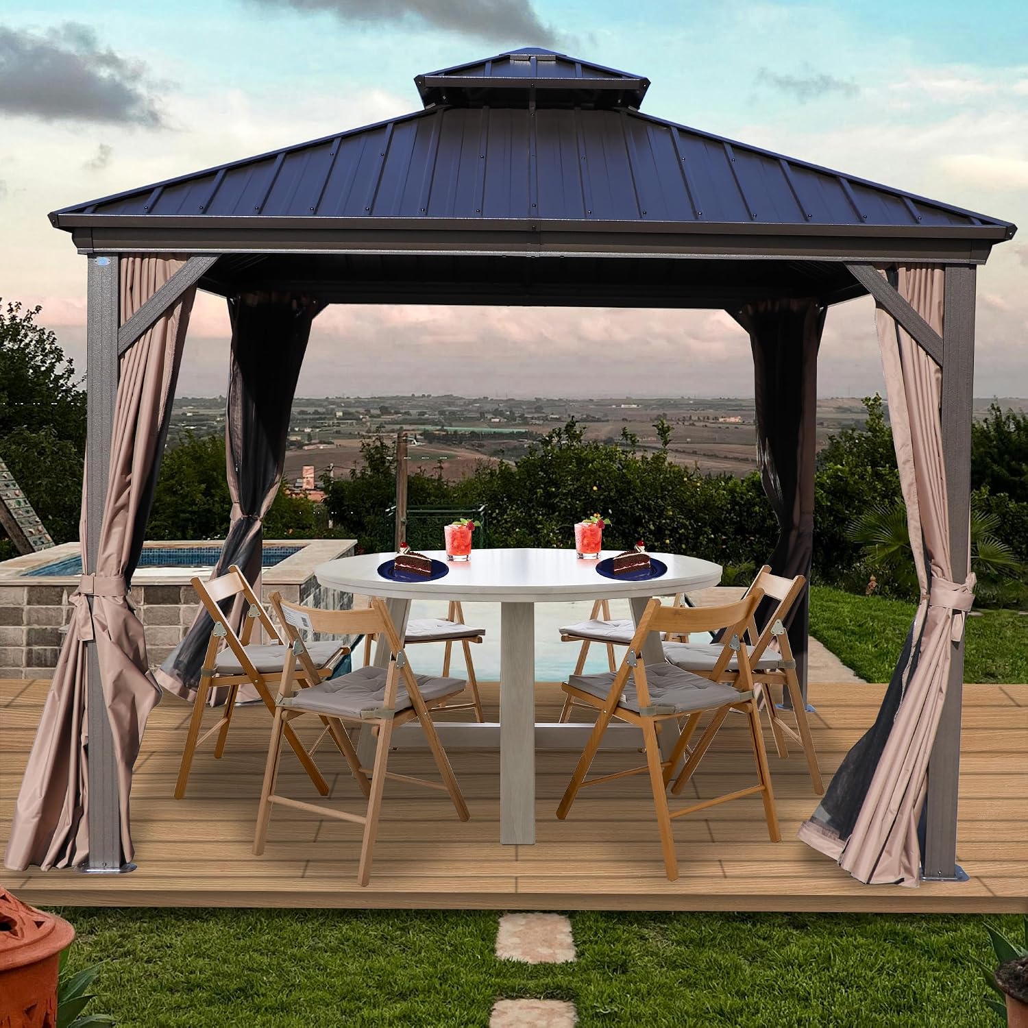 Kozyard Caesar 10'x10' Hardtop Gazebo - Permanent Metal Pavilion with Netting and Shaded Curtains for Patio, Backyard Deck - Galvanized Steel Outdoor Aluminum Canopy, Double Roof Gazebo (Brown)
