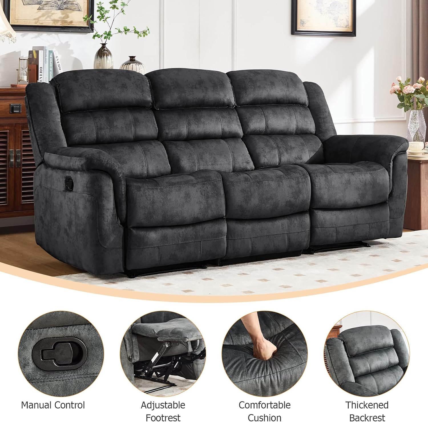 EBELLO 3 Pieces Reclining Living Room Set, Soft Fabric Manual Recliner Sofa Furniture Set, Includes 2 Overstuffed Recliner Chairs and one 3 Seat Sofa, Grey