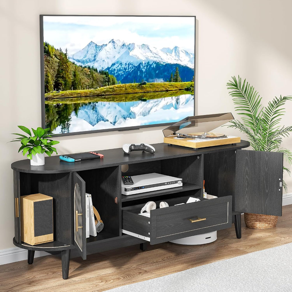 63' Fluted TV Stand for Tvs up to 70', Mid-Century Modern Entertainment Center with Drawers and Fluted Doors, Curved TV Media Console Table with Sliding Doors for Living Room, Bedroom (63' Black)