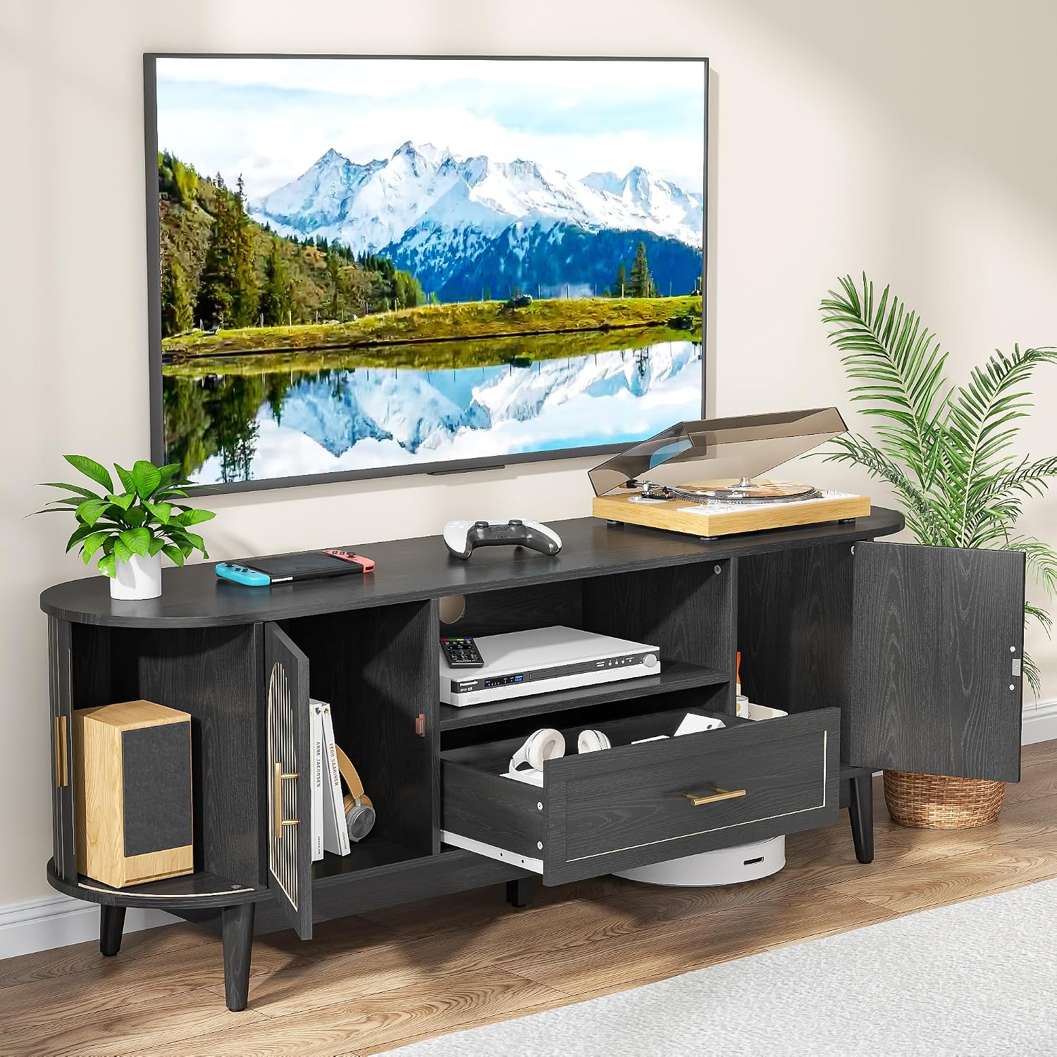 63' Fluted TV Stand for Tvs up to 70', Mid-Century Modern Entertainment Center with Drawers and Fluted Doors, Curved TV Media Console Table with Sliding Doors for Living Room, Bedroom (63' Black)