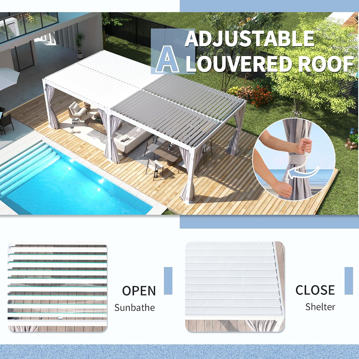 YOLENY Louvered Pergola 10x20, Aluminum Gazebo with Adjustable Waterproof Roof, Curtains and Netting Included, Deck and Backyard, White