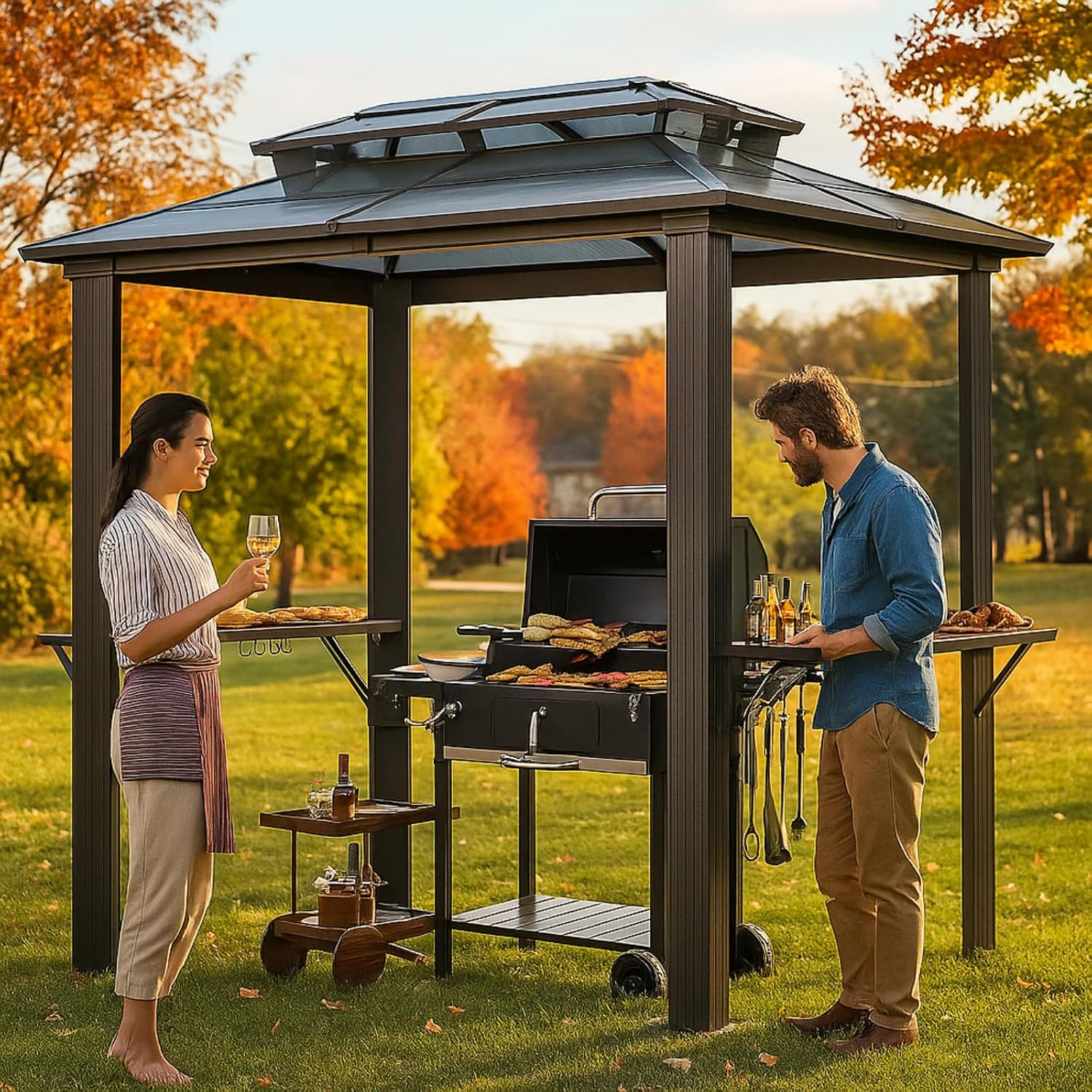 8x5 Hardtop Grill Gazebo, Vented Double Roof Polycarbonate BBQ Canopy for Outdoor Patio, Anti-UV Waterproof Shelter with Side Shelves & Hooks, Heavy Duty Steel Frame (8x5)