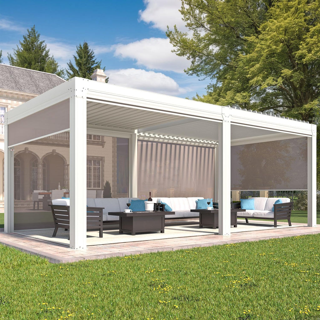 YOLENY Louvered Pergola and 6 Pull-Down Screens, 10x20FT All Aluminum Pergola with Adjustable Rainproof Roof, Outdoor Sun Shade Shelter for Patio, Weatherproof, White