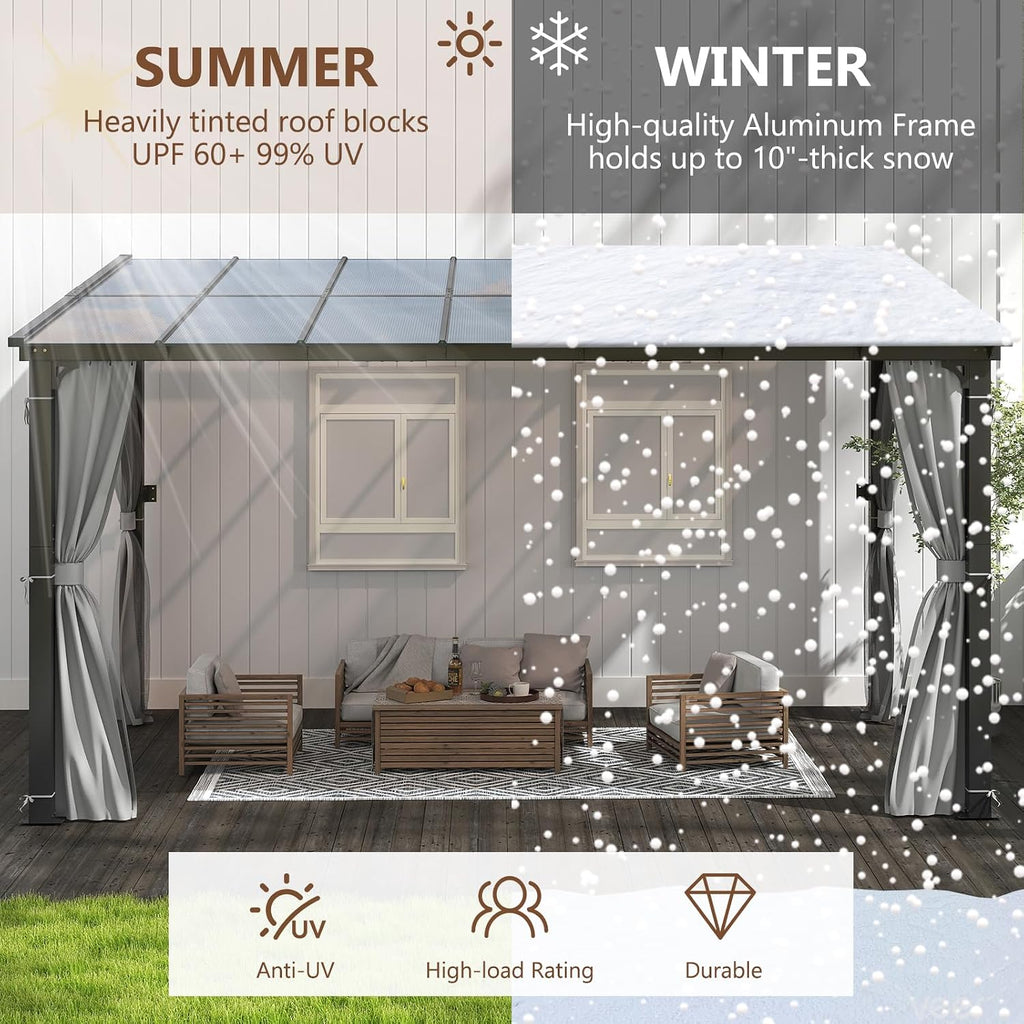 10'x13' Gazebo, Wall Mounted Gazebo Pergola with Aluminum Frame, Curtains and Netting for Patio,Decks, Garden and Lawn