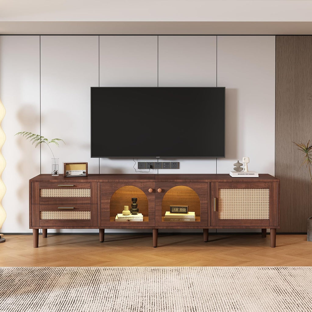 Merax LED TV Stand for TVs up to 80', Boho Entertainment Center with Rattan Decor, Multi-Functional Media Console & 3 Storage Cabinets and 2 Drawers for Living Room, Bedroom, Home Theatre, Dark Brown