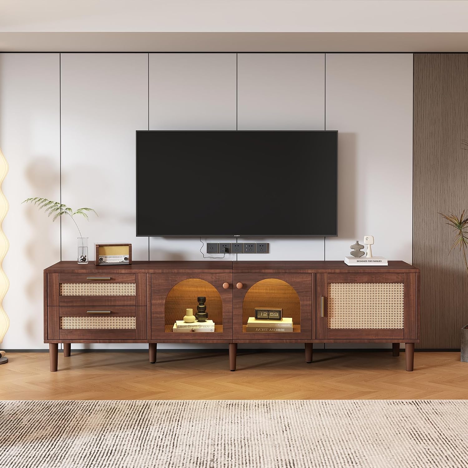 Rattan TV Stand with 3 Cabinets & 2 Drawers, LED Media Console Table for TVs up to 80'', TV Cabinet for Living Room, Entertainment Center，Bedroom, Home Theatre