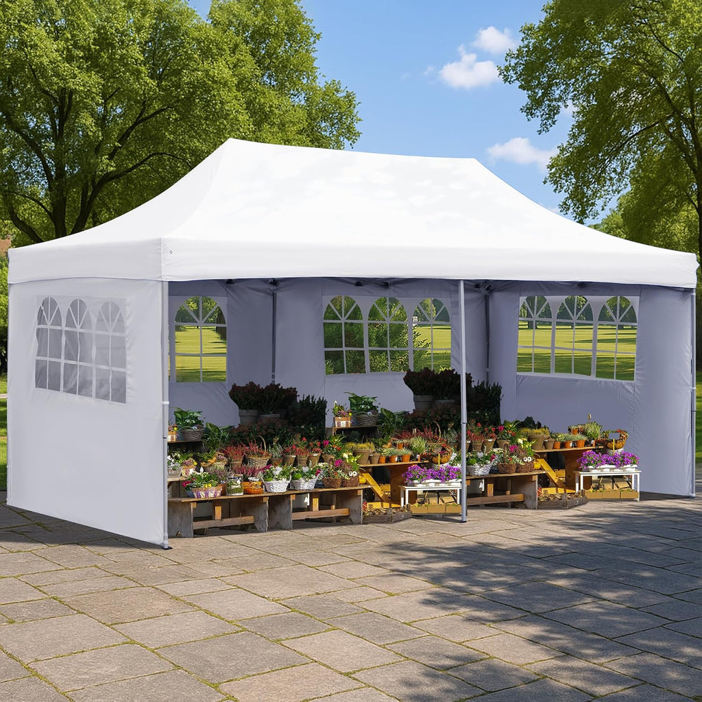 GDY 10'x20' Pop Up Canopy, Folding Party Tent with 4-Panel Removable Sidewalls, Heavy Duty Outdoor Commercial Instant Gazebo with Wheeled Bag, White.