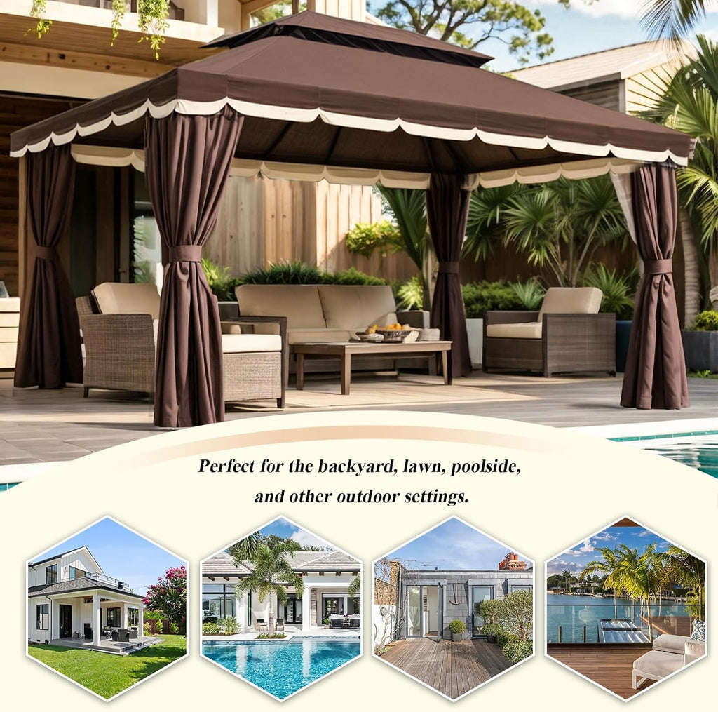 10x13 Gazebo for Patio, Outdoor Gazebo with Mosquito Netting & Curtains, Double Tier Roof Round Leg Marquee Canopy Shelter for Garden, Deck, Backyard, Lawn (D/DCO)