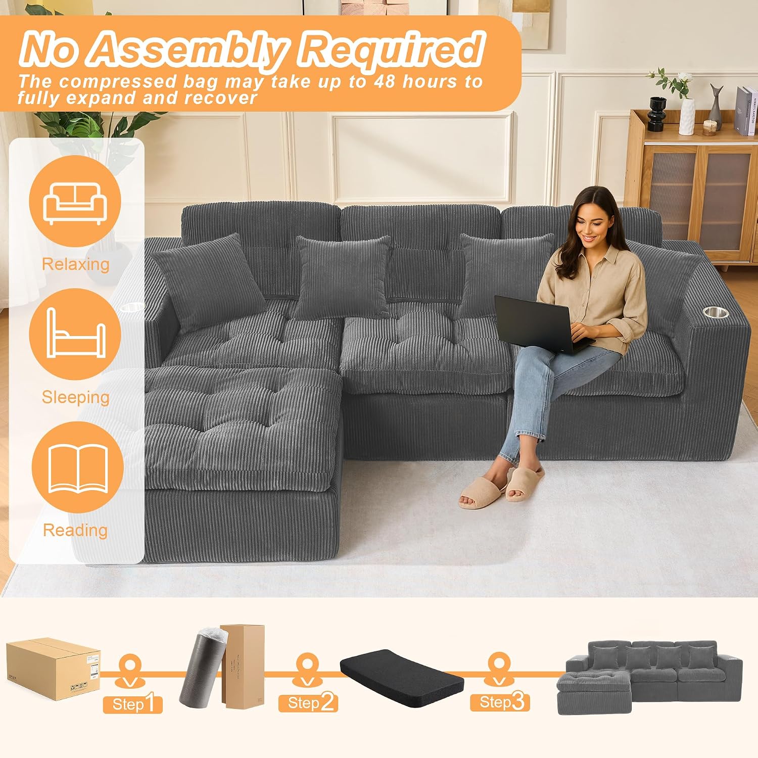 108' Modular Sectional Sofa, Cloud Sectional Couch with Deep Seat, Modern Modular L-Shape Sofa Couch with Chaise,Upholstered Couches for Living Room Bedroom (Dark Gray)