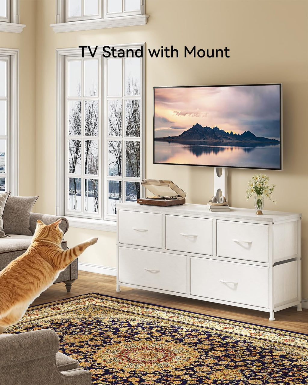 TV Stand with Mount, Fabric Dresser with 5 Drawers for 32/45/55/60/65/75 inch TVs, White Dresser Entertainment Center, Modern Media TV Console Table