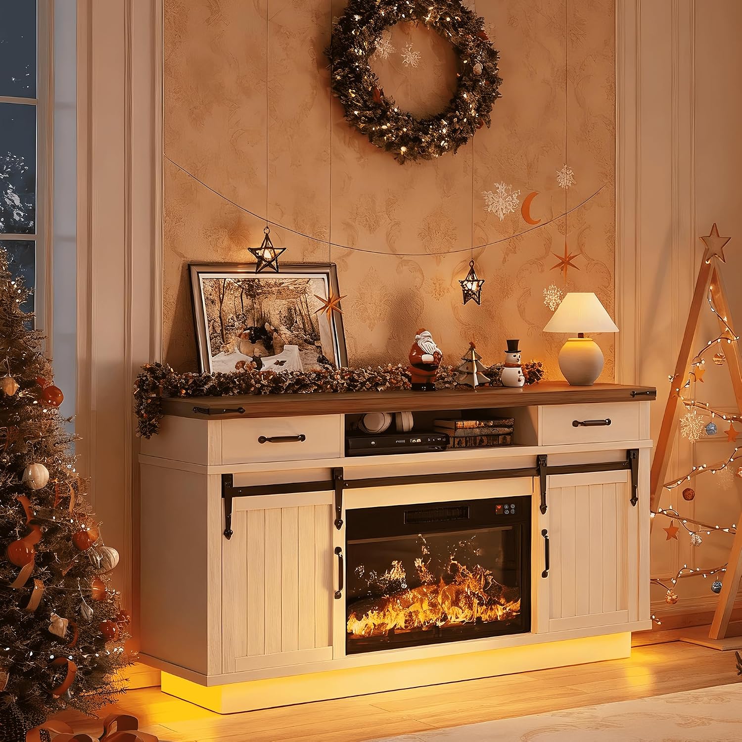 Fireplace TV Stand for TVs up to 65', Electric Fireplace with 3D Flame, Farmhouse LED Light Entertainment Center with Sliding Barn Door, Media Console with Storage Cabinets for Living Room (White)