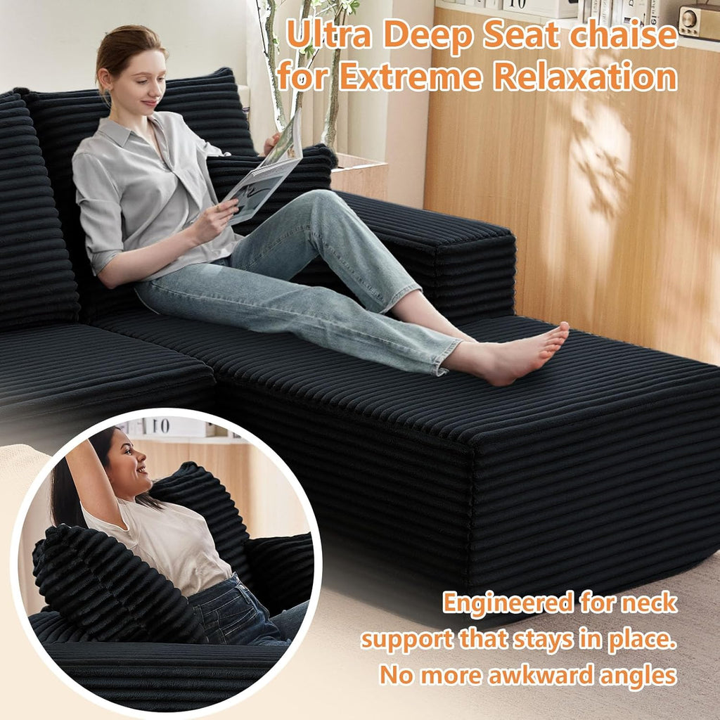 96' Modular Sectional Sofa, Modern Corduroy Cloud Couch with Deep Seat, Boneless Couch Upholstered 3-Seater L-Shaped Sofa for Living Room, No Assembly Required (Black, Right-Facing Chaise)