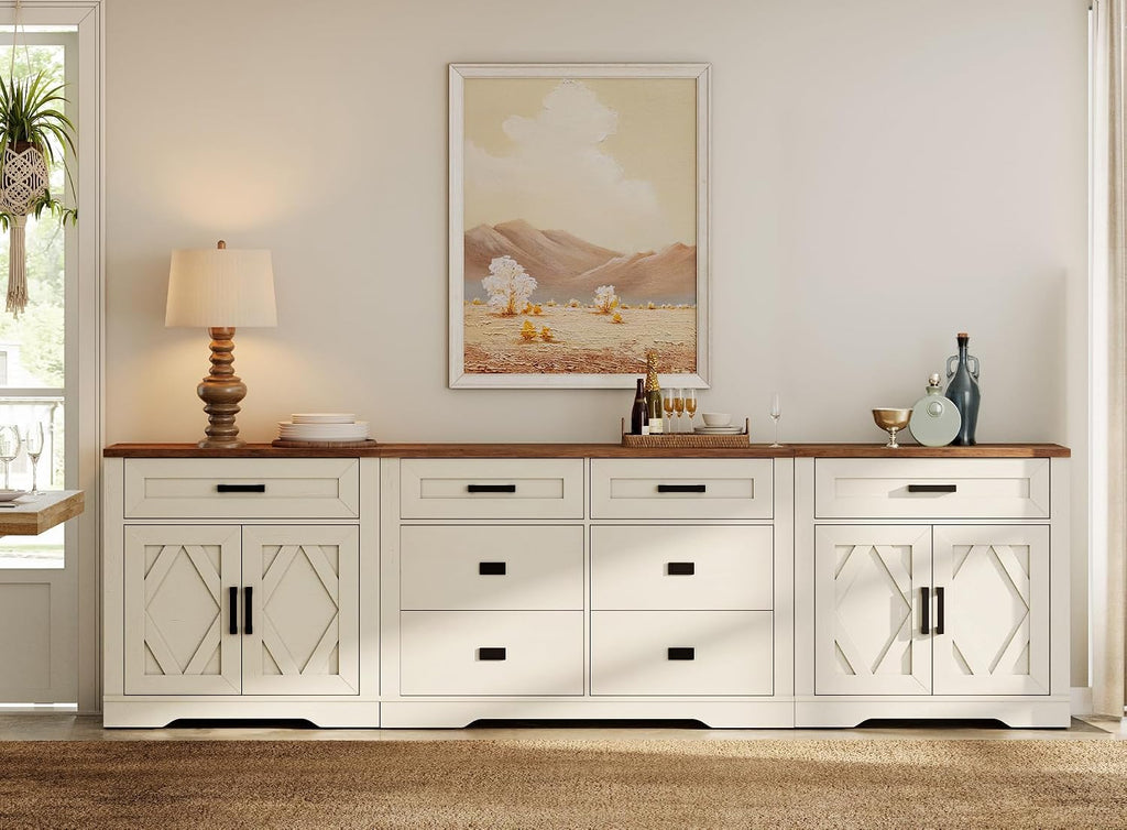 WAMPAT 110' W Large TV Stand,3-in-1 Farmhouse Entertainment Center with Storage Barn Door Cabinet,TV Console Table with Media Cabinet and Drawers for Living Room,Bedroom,Cream White