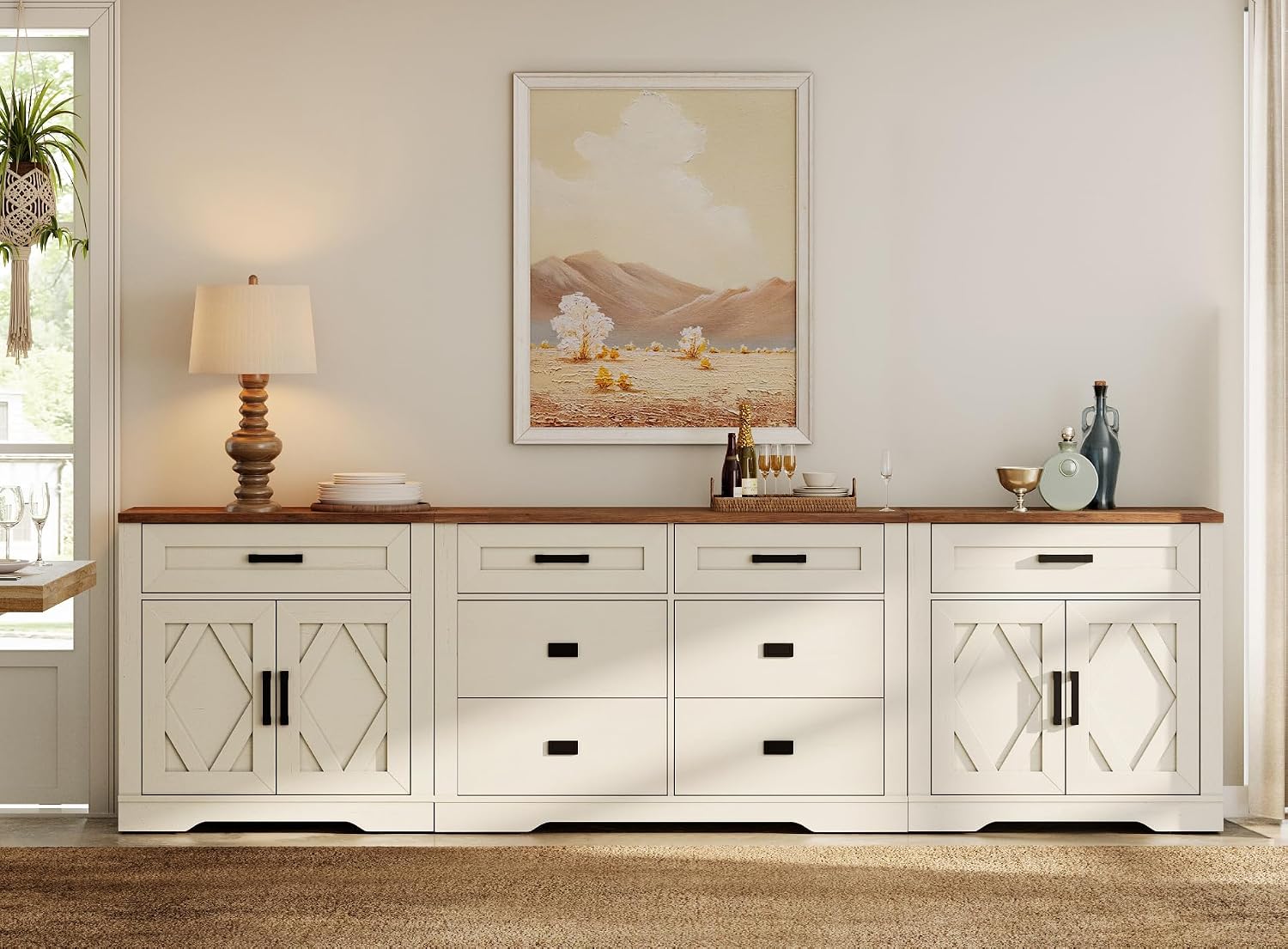 WAMPAT 110' W Large TV Stand,3-in-1 Farmhouse Entertainment Center with Storage Barn Door Cabinet,TV Console Table with Media Cabinet and Drawers for Living Room,Bedroom,Cream White