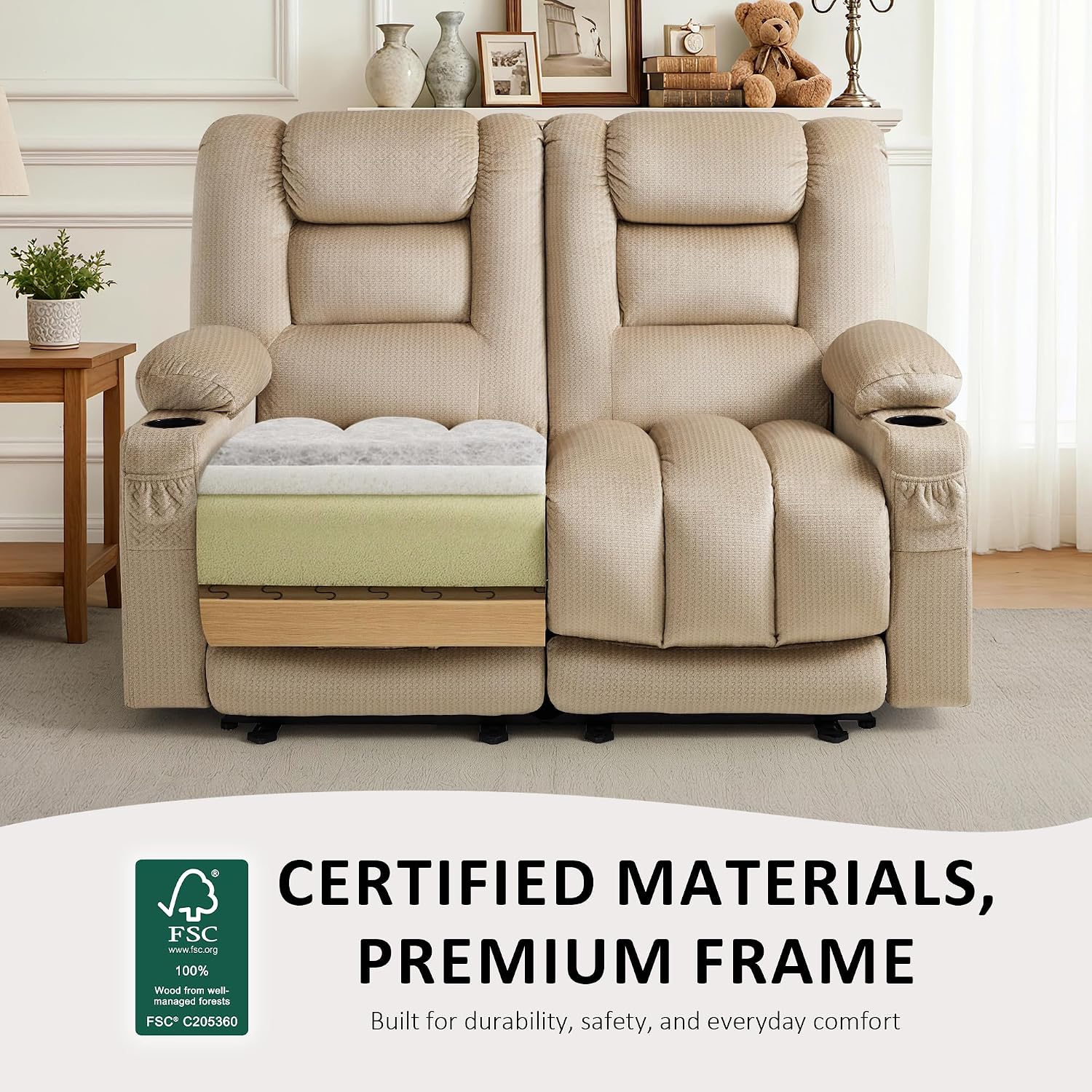 MCombo 55.9' Zero Gravity Power Loveseat Recliner with Heat and Vibration Massage, Reclining Loveseat Sofa with USB Ports, Cup Holders for Living Room, Fabric PR648SET (Beige)