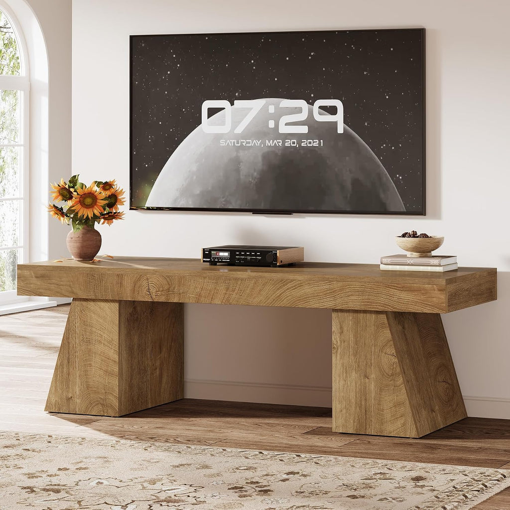 Tribesigns 63' TV Stand for 55/60/65/75-Inch TVs, Farmhouse Entertainment Center with Double Geometric Pedestal, Media Console Television Stands for Living Room, Bedroom, Natural