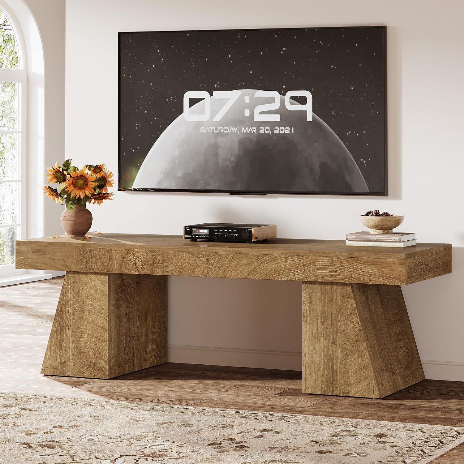 Tribesigns 63' TV Stand for 55/60/65/75-Inch TVs, Farmhouse Entertainment Center with Double Geometric Pedestal, Media Console Television Stands for Living Room, Bedroom, Natural