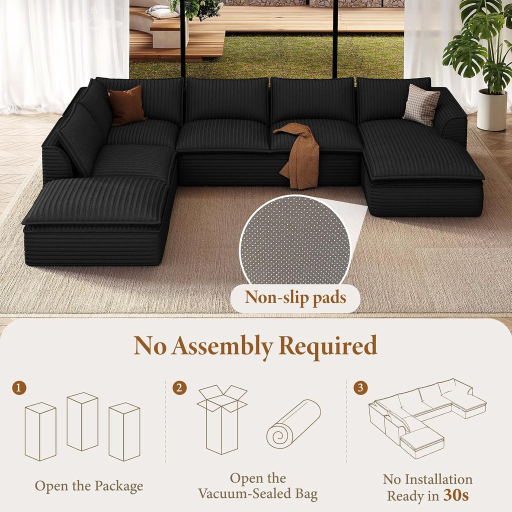 Vesgantti 141.7' Oversized Sectional Boneless Couch, Modern 7 Seater Modular Sofa with Chaise & Ottoman, Deep Seat Plush Corduroy Cloud Couches for Living Room, No Assembly Required, Black