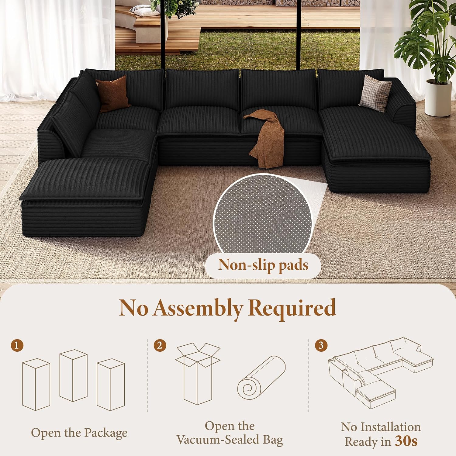 Vesgantti 141.7' Oversized Sectional Boneless Couch, Modern 7 Seater Modular Sofa with Chaise & Ottoman, Deep Seat Plush Corduroy Cloud Couches for Living Room, No Assembly Required, Black