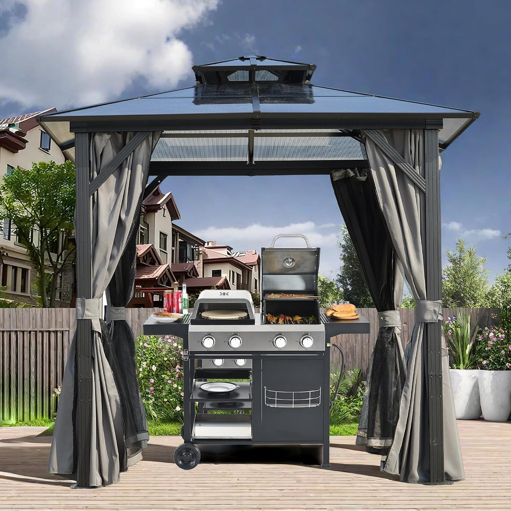 8x8ft Outdoor Grill Gazebo, Patio Gazebo for Grill with UV-Resistant Polycarbonate Roof & Storage Hooks for Backyard, Lawn, Garden, Grey