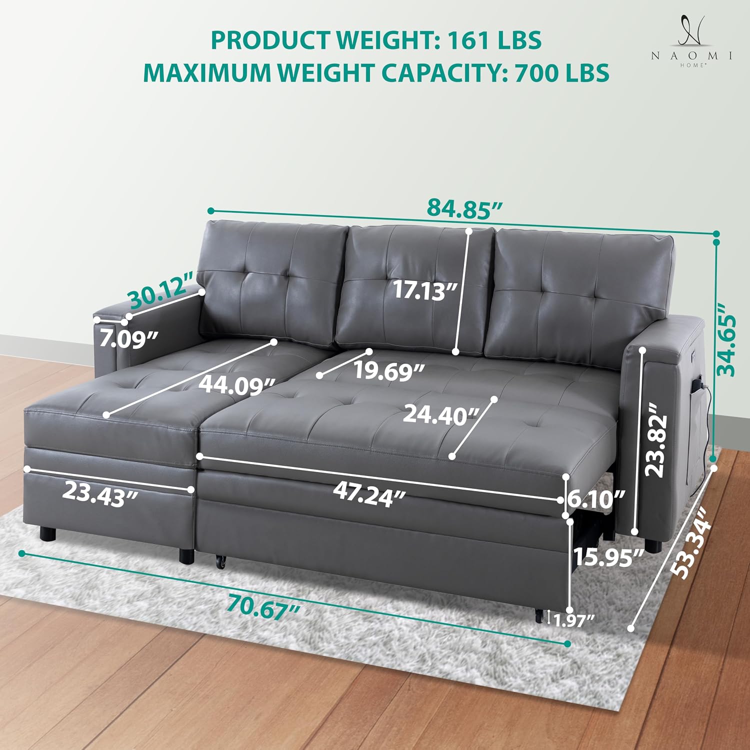 Naomi Home L-Shaped Sectional Sleeper Sofa with USB Ports - Convertible Pull-Out Bed, Ample Storage, Timeless Design, Durable Construction Gray/Air Leather