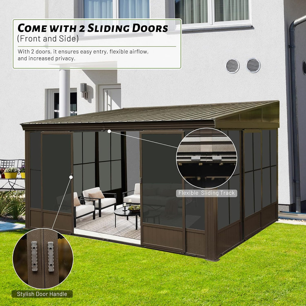 10x12FT Wall Mounted Sunroom, Outdoor Permanent Lean-to Solarium with Detachable Polycarbonate Roof, 2 Lockable Sliding Doors, Aluminum Gazebo Against The Wall Sun Room for Garden Patio Deck