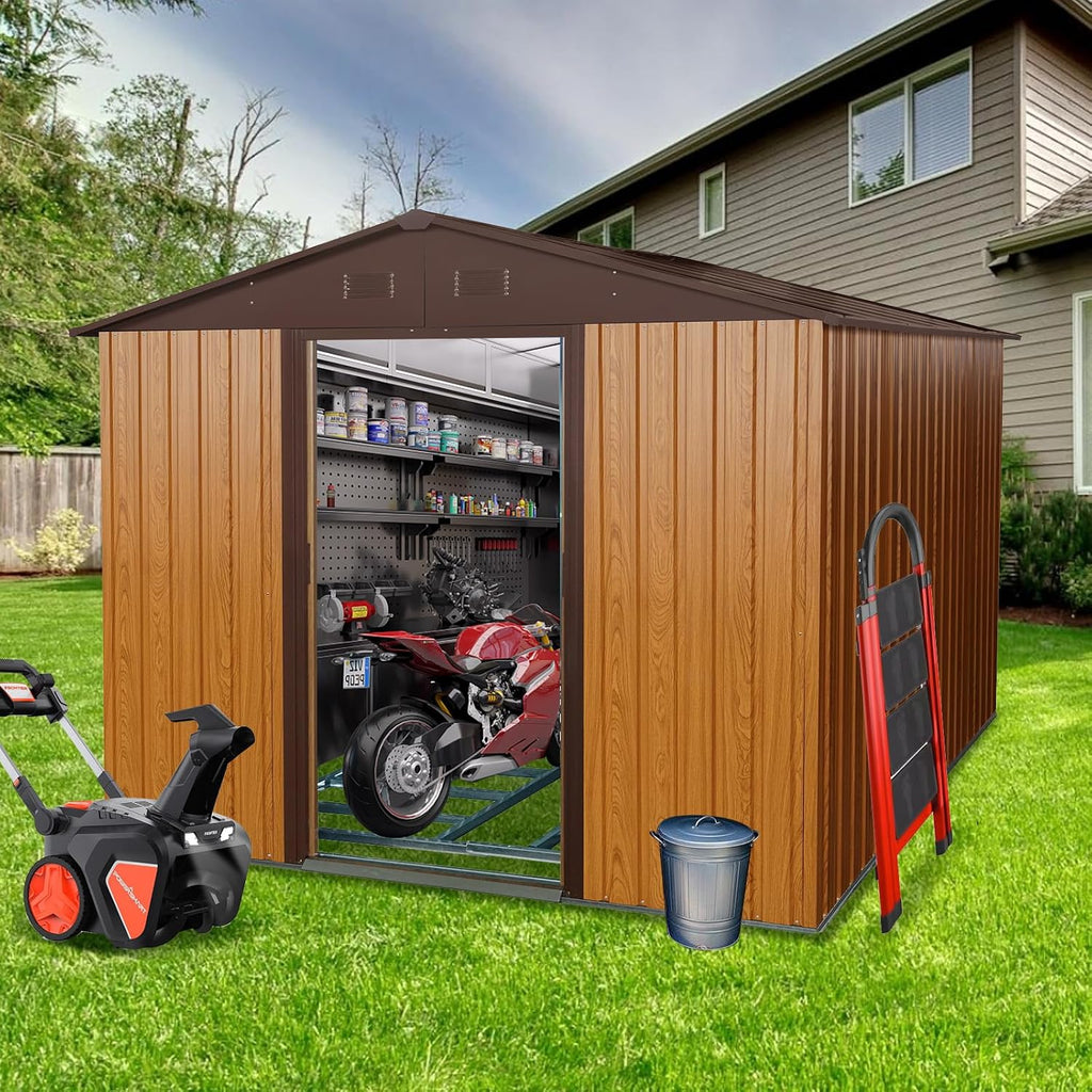 YOPTO 10×8 FT Outdoor Metal Storage Shed with Floor Base,Heavy Duty Garden Shed W/Integrated Punched Vents and Sliding Doors & Padlock,Large Waterproof Storage House for Backyard,Lawn,Coffee