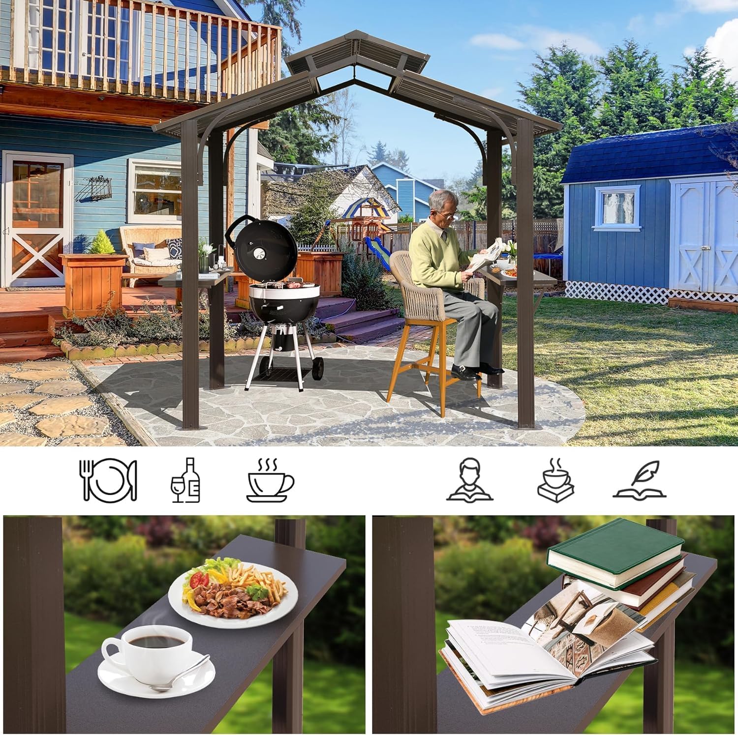 8×5FT Hardtop Grill Gazebo: Galvanized Steel Double Roof BBQ Shelter with Side Shelves - Permanent Outdoor Canopy for Patio Deck & Backyard Cooking Areas