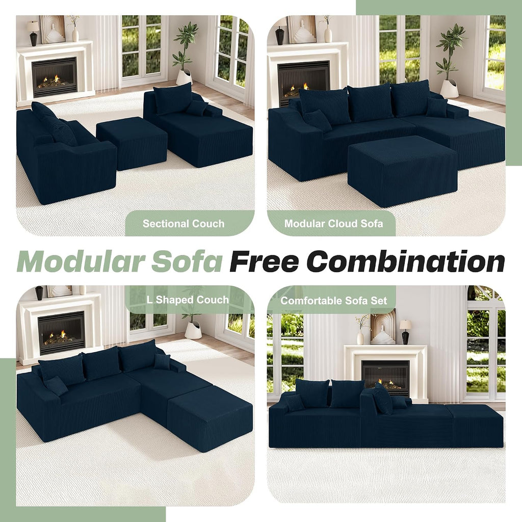 HABUTWAY U Shaped Modular Sectional Couch for Living Room, Modular Cloud Sofa with Ottoman, No Assembly Boneless Couches with Deep Seat, Corduroy Fabric (Blue, Right Facing)