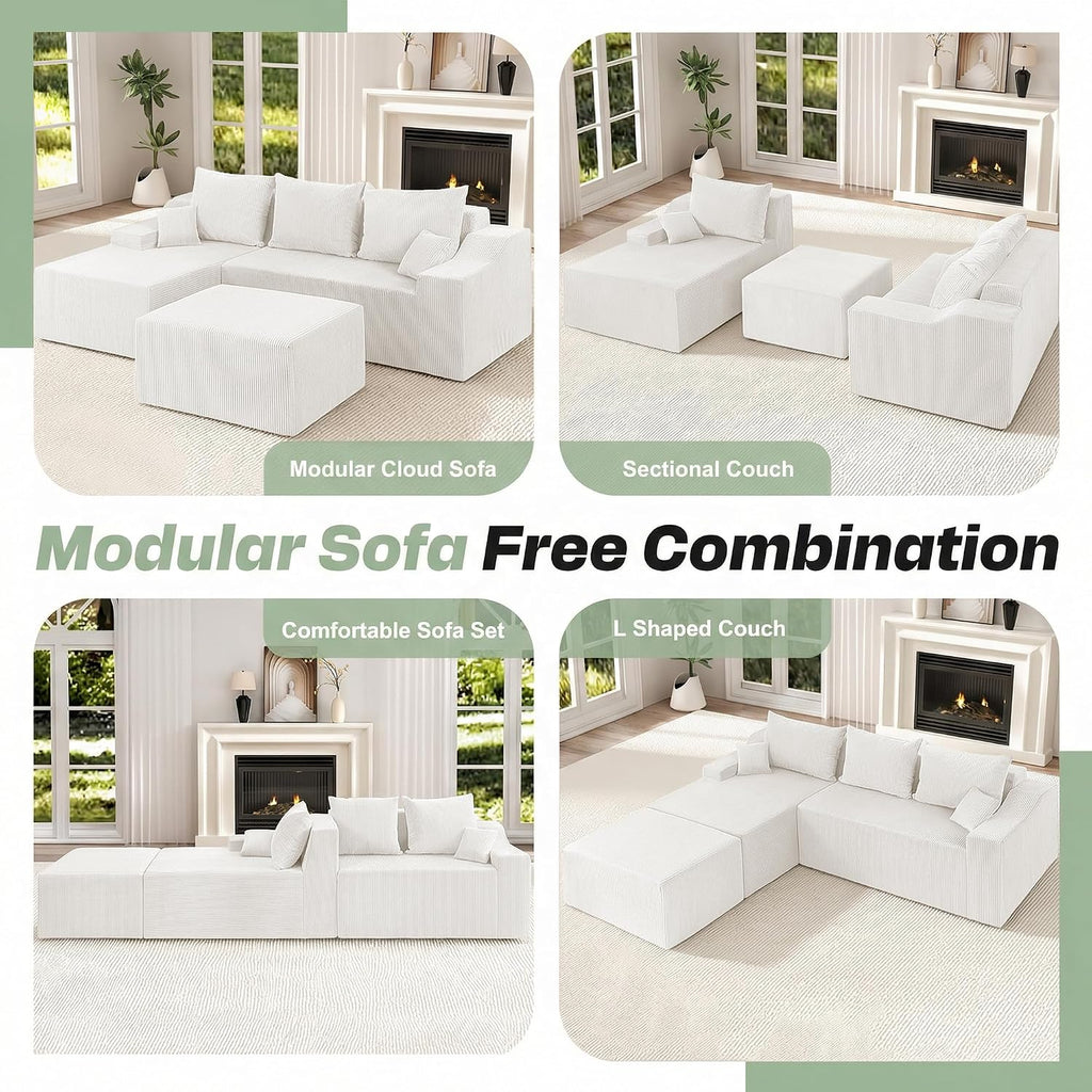 HABUTWAY 94' U Shaped Modular Sectional Couch for Living Room, Modular Cloud Sofa with Ottoman, No Assembly Boneless Couches with Deep Seat, Corduroy Fabric (Beige, Left Facing) | Cloud Sofa, With Ottoman, No Assembly, Boneless, Deep Seat, Corduroy Fabric