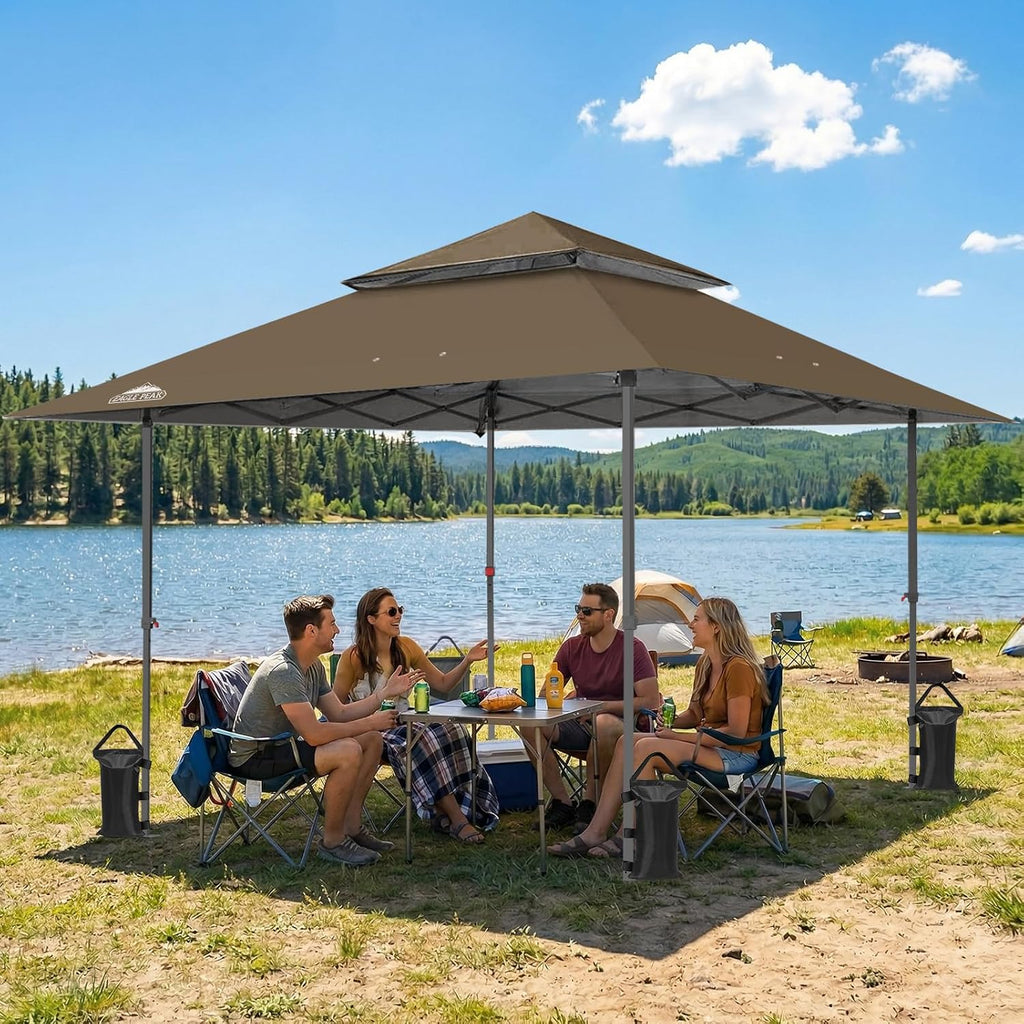 EAGLE PEAK 13x13 Straight Leg Pop Up Canopy Tent Instant Outdoor Canopy Easy Single Person Set up Folding Shelter w/Auto Extending Eaves 169 Square Feet of Shade (Brown)