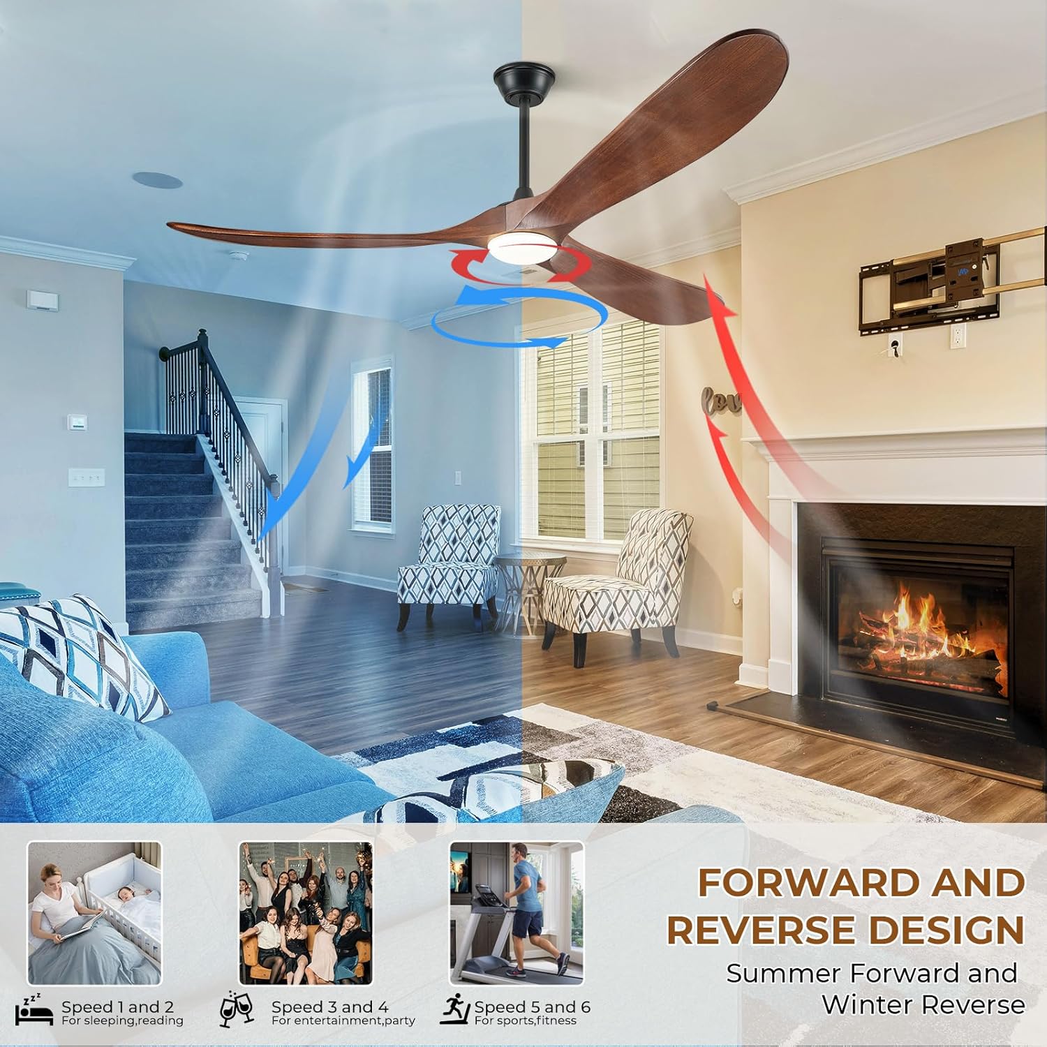 60' Outdoor Ceiling Fans with Lights and Remote Control, 3 Blade Ceiling Fan with Lights High CFM Quiet Wood Walnut Outdoor Fan, Propeller Ceiling Fan for Outdoor/Indoor/Patio,Deep Walnut