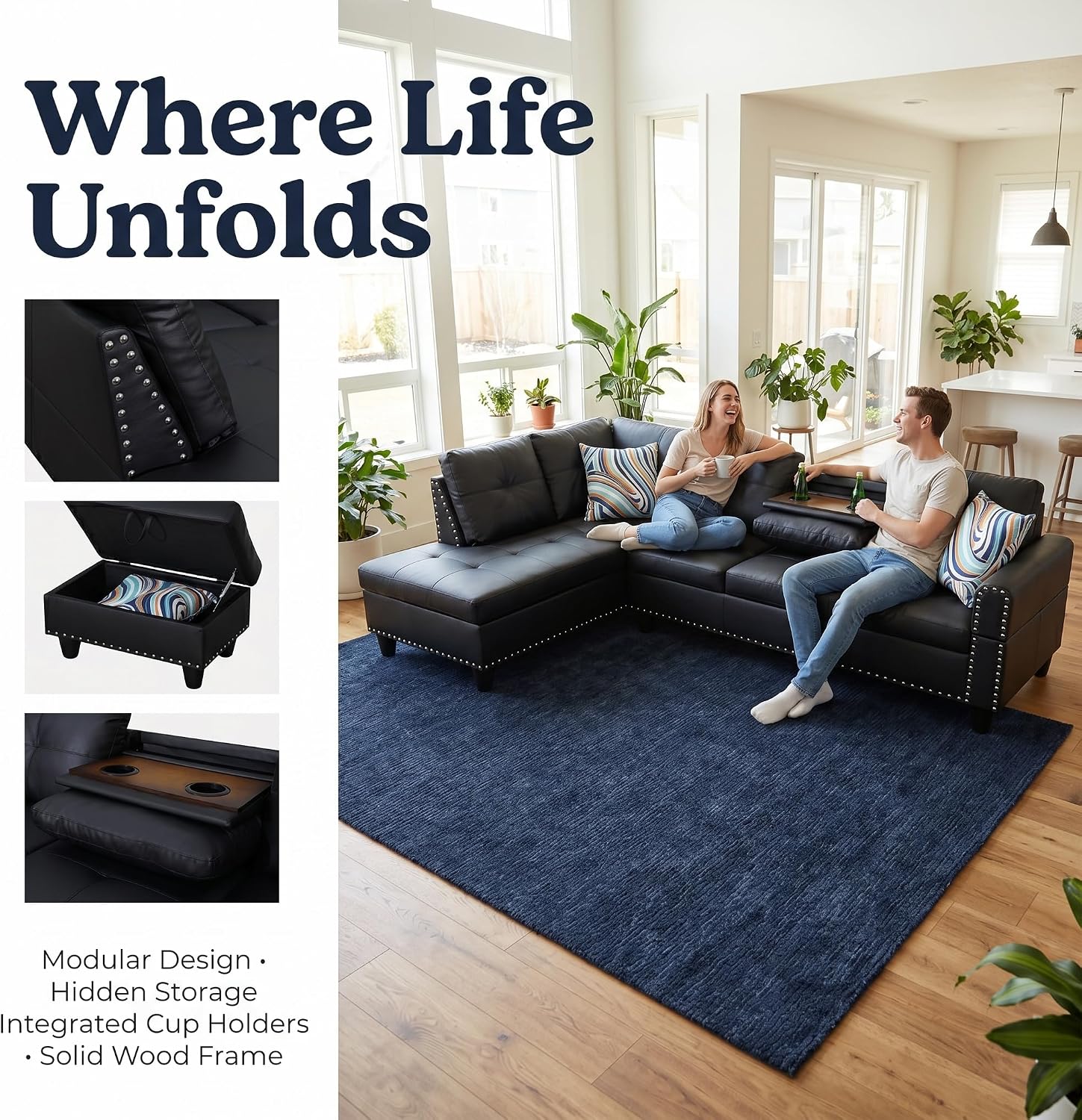 97.5' Leather L Shaped Couch Set Black, Modular Sectional Couches for Living Room with Storage Ottoman, 4 Seat Home Sofa Living Room Furniture Sets with Chaise for Apartment Office