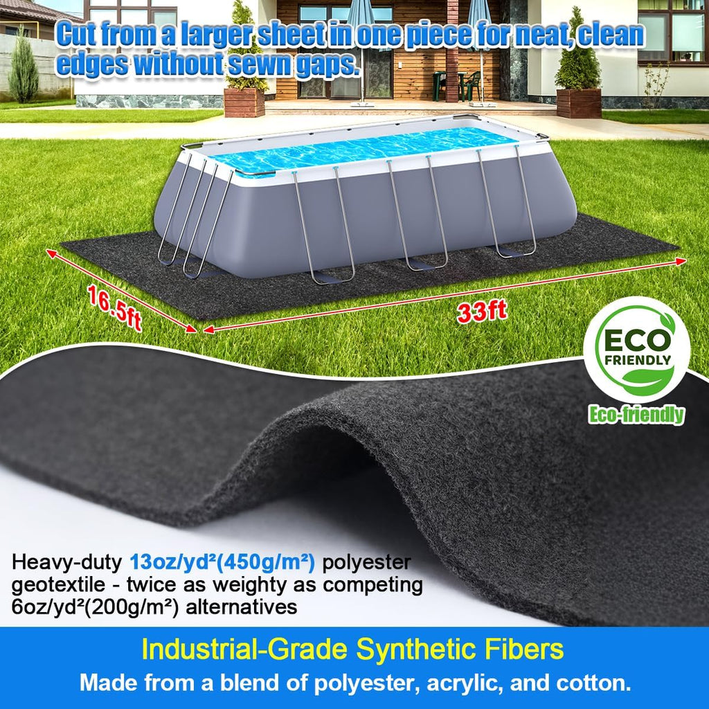 Pool Liner Pad for Above Ground Pools, 16.5'x 33' Rectangular Extra-Thick Pool Mat, Seamless Comfort Underfoot, Puncture-Resistant Industrial-Grade Black Synthetic Fiber Pad
