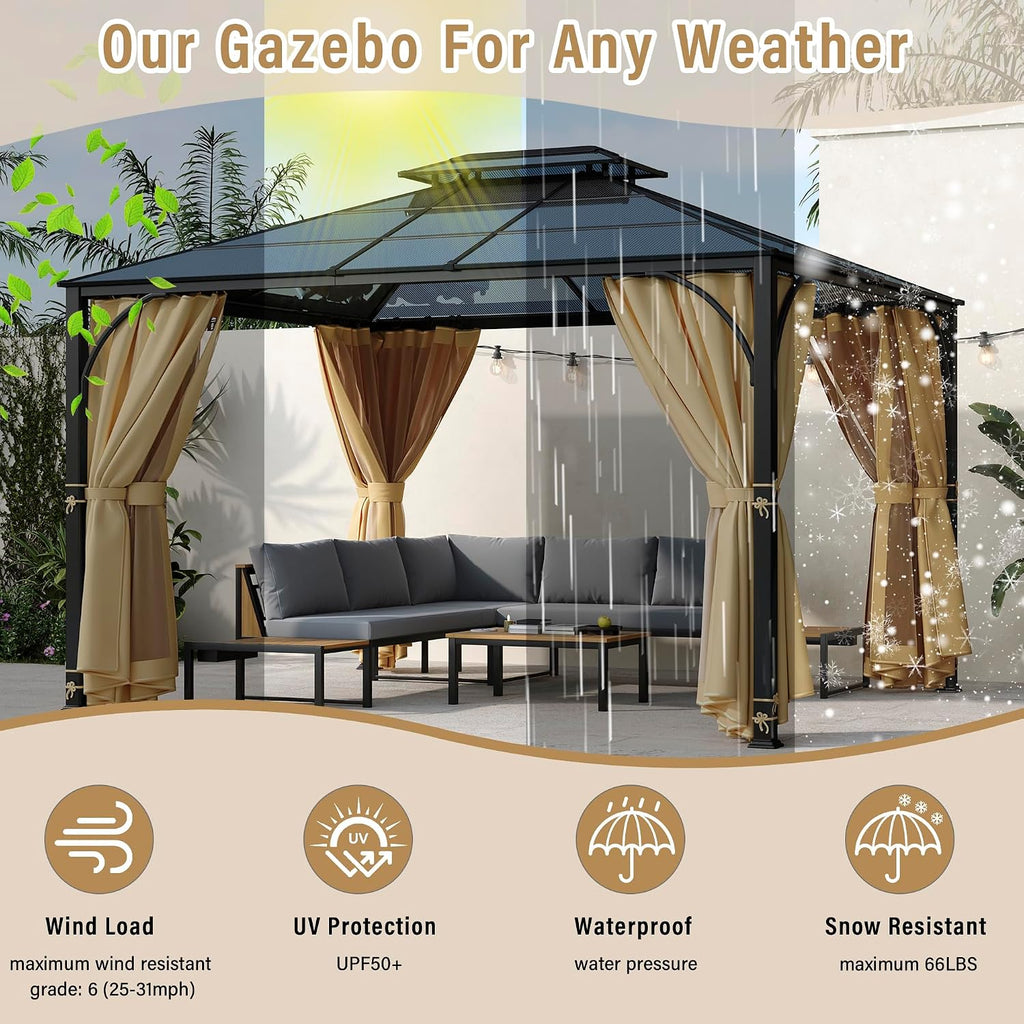Modern 10'x12' Outdoor Hardtop Gazebo,Heavy Duty Double Roof Patio Gazebo with Aluminum Frame,Double-Layer Side Walls Mosquito Netting & Privacy Curtains,for Backyard Garden Lawn (Beige#F, 10'x12')