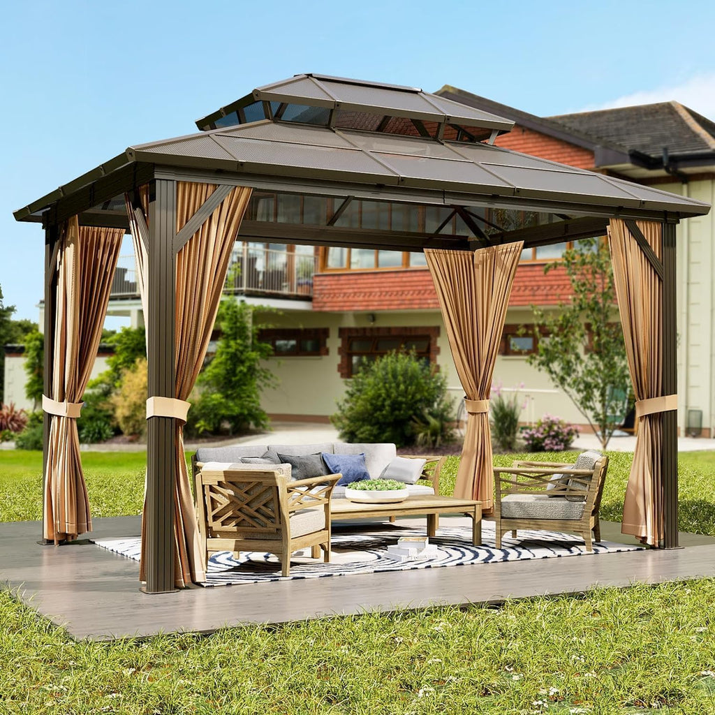 10X13 FT Hardtop Gazebo, Outdoor Polycarbonate Double Roof Canopy, Aluminum Frame Permanent Pavilion with Curtains and Netting, Outdoor Double Roof Canopy, All-Weather Protection, Khaki