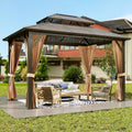 10X13 FT Hardtop Gazebo, Outdoor Polycarbonate Double Roof Canopy, Aluminum Frame Permanent Pavilion with Curtains and Netting, Outdoor Double Roof Canopy, All-Weather Protection, Khaki