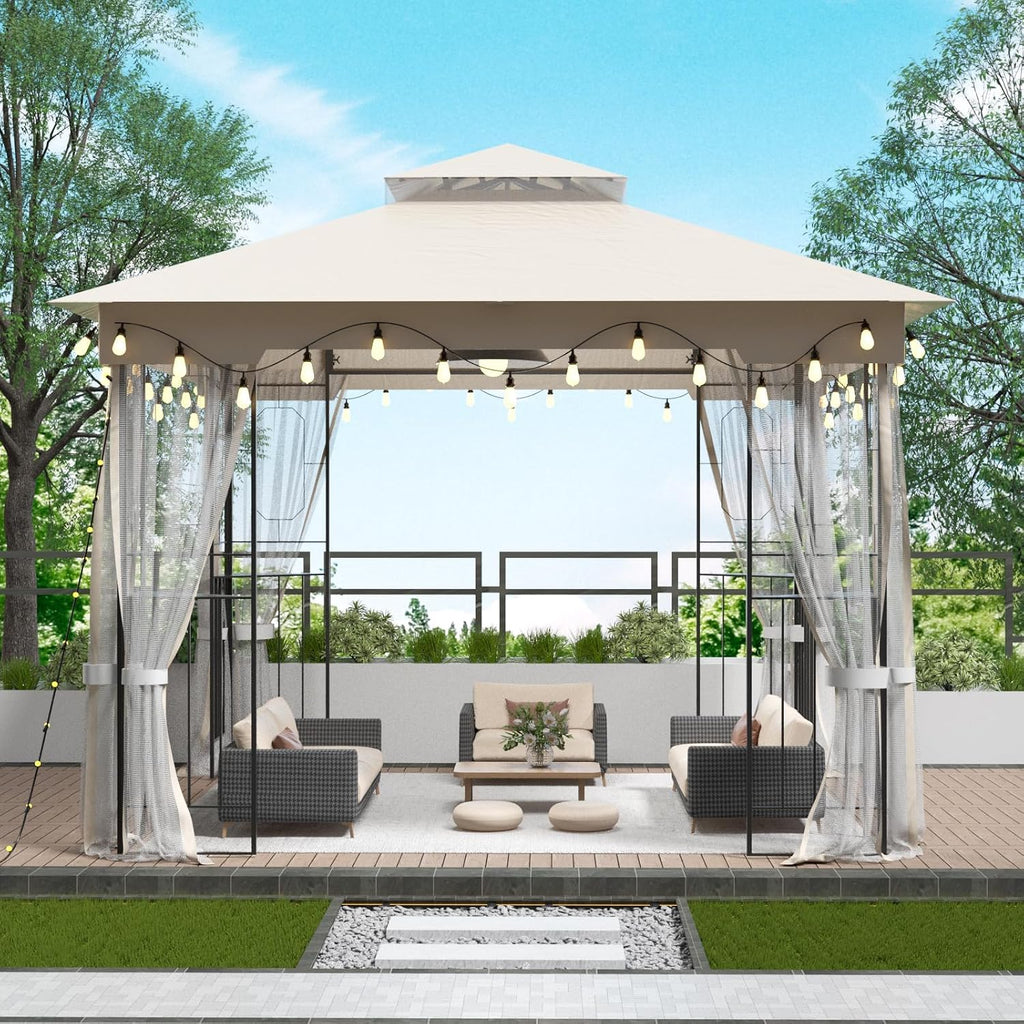 10X10FT Softtop Metal Gazebo with Mosquito Net Sunshade Curtains,Sturdy Heavy Duty Double Roof Canopy,Galvanized Steel Design Outdoor Tent,Suitable for Gardens,Patio,Backyard