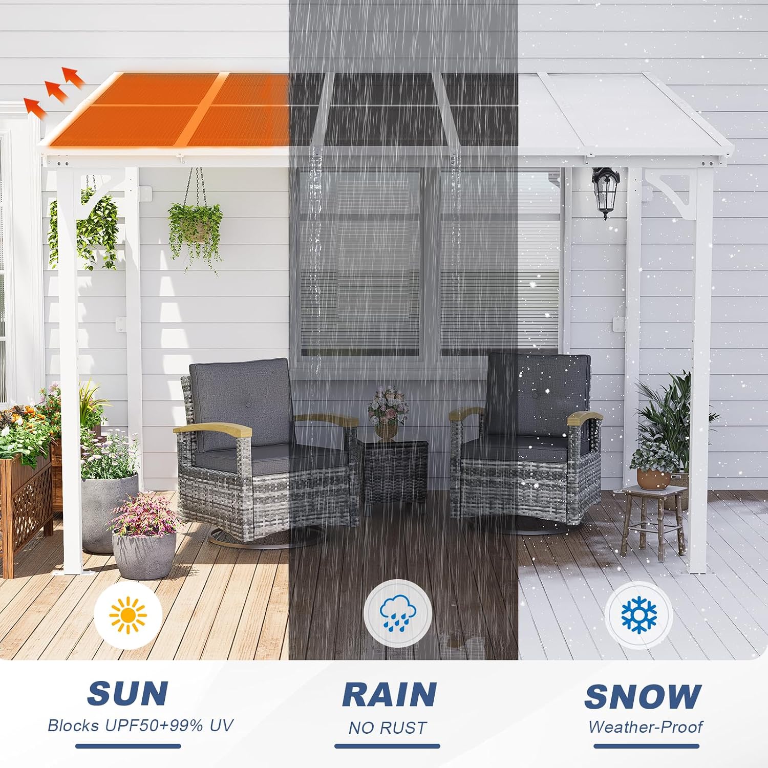 MEISSALIVVE 8' x 10' Wall Mounted Lean to Metal Awnings with Sloped Roof, Outdoor Patio Gazebo Awning for Backyard, Deck, White