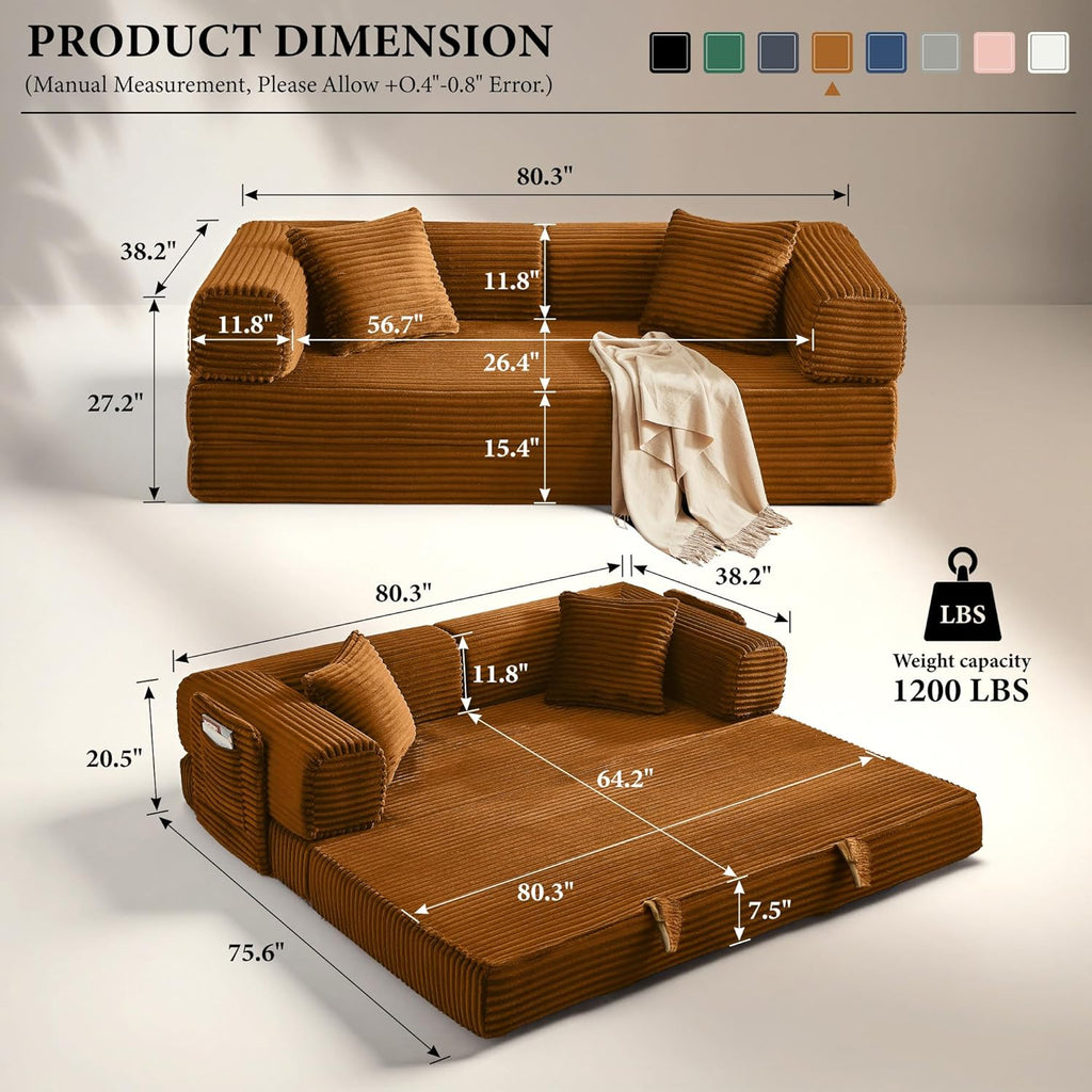 Boneless Couch Futon Sofa Bed Sectional Couches for Living Room,Cloud Couch with Sleeper Sofa,Sofas for Living Room Oversized Corduroy Upholstered (Orange, 81 Inches (with Iron Frame))