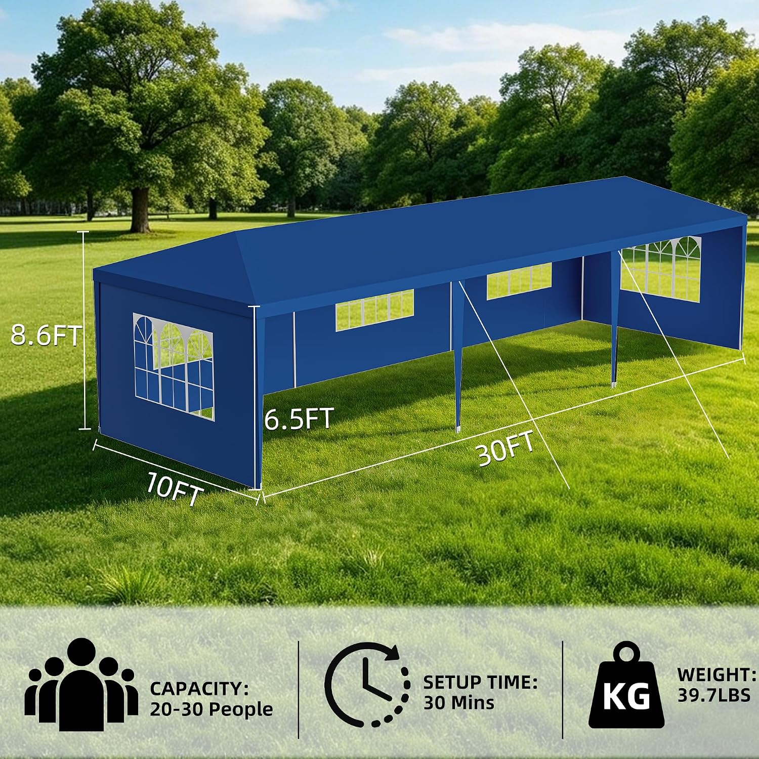 10x30 Party Tent Heavy Duty Outdoor Canopy Tents for Parties with 5 Removable Sidewalls Outside Large Gazebo Shelter Carpas para Fiestas for Backyard Patio Events Wedding BBQ, Blue