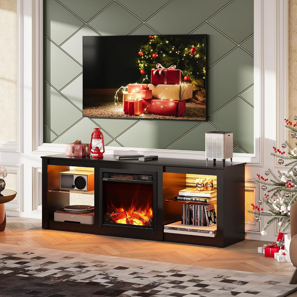 WLIVE 58 Inches Fireplace TV Stand with LED Lights, Modern Entertainment Center with 18'' Electric Fireplace & Adjustable Glass Shelves, Sturdy Media Console for Living Room, Bedroom (Black)