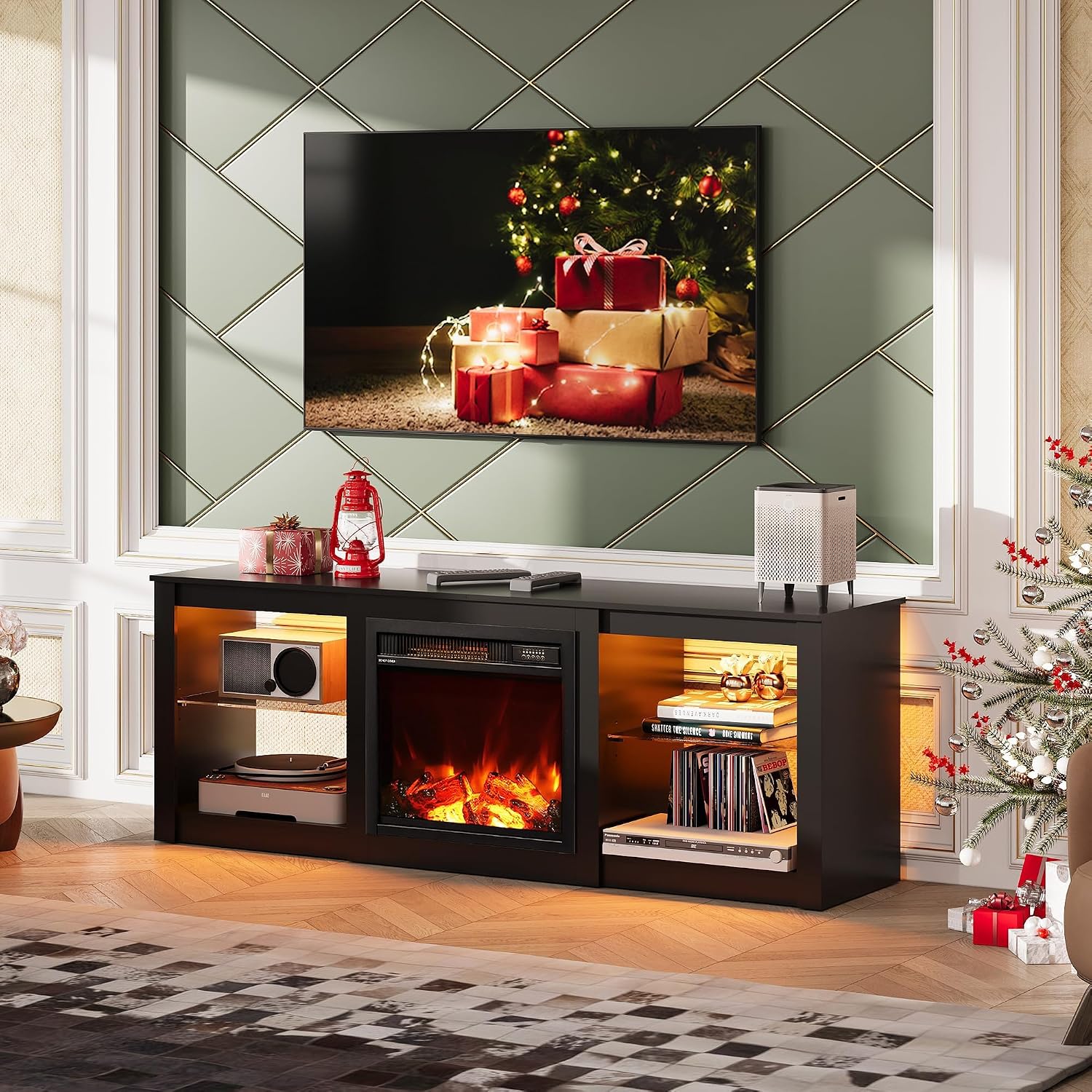 WLIVE 58 Inches Fireplace TV Stand with LED Lights, Modern Entertainment Center with 18'' Electric Fireplace & Adjustable Glass Shelves, Sturdy Media Console for Living Room, Bedroom (Black)