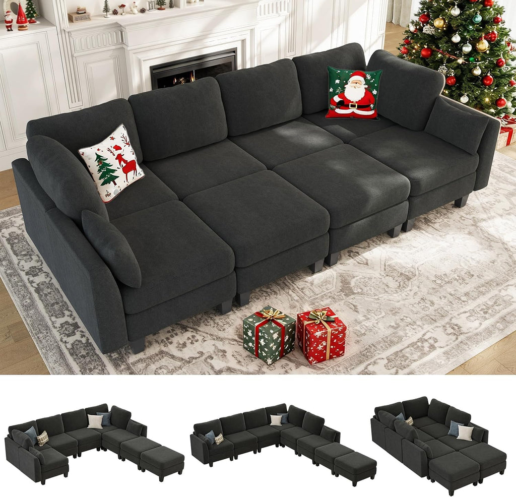 Sectional Sleeper Sofa, 8 Seaters Modular Sleeper Sofa Couch, Comfy Sectionals Couches Bed, Convertible Sofas with Ottomans, Modular Sectional Couches for Living Room, Dark Grey